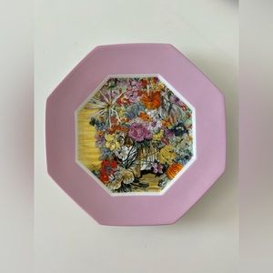 Vtg Denby Limoges Fleur Cowles TIGER BOUQUET Plate -Pink Rim World Wildlife Fund